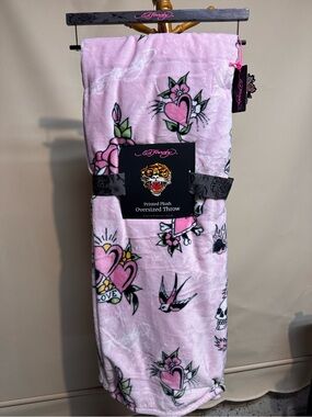Ed Hardy Pink Floral & Tattoo-Print Plush Throw